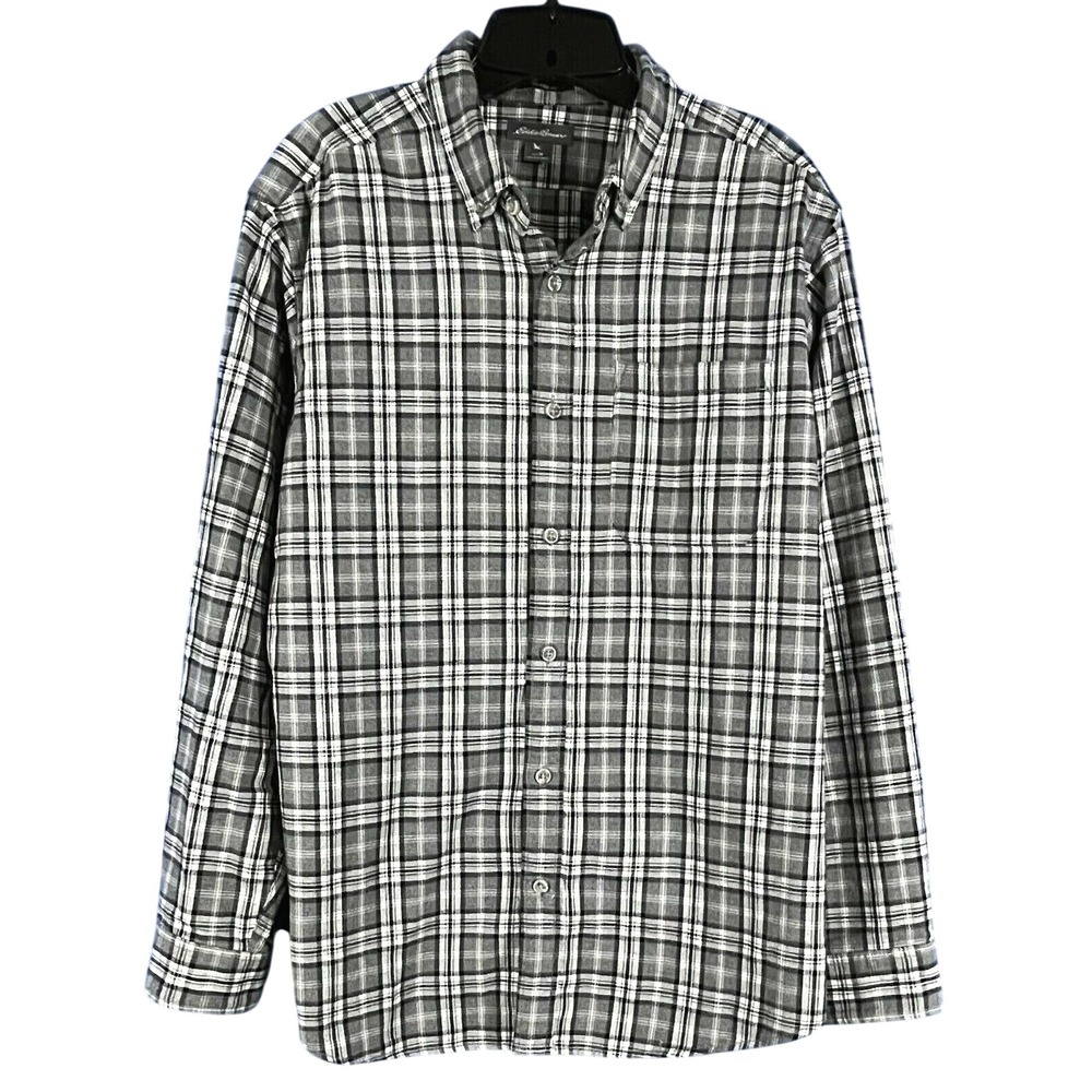 EDDIE BAUER Relaxed Fit PLAID FLANNEL Gray/Black/White MEN'S Button-Up SHIRT M